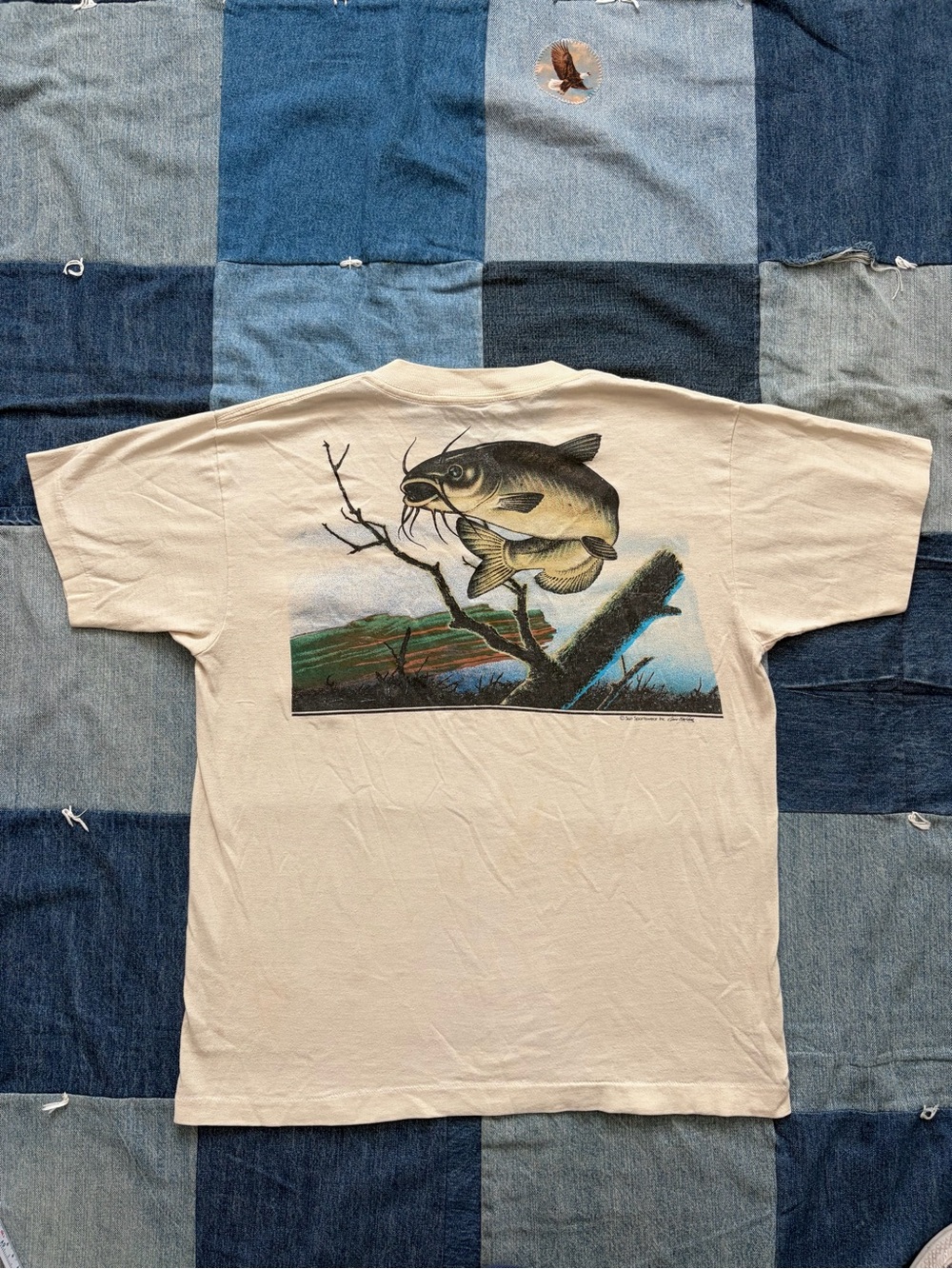 Vintage catfish greatland sportswear fish graphic pocket t shirt cream fits S